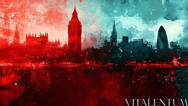 London city skyline with landmark silhouettes in red teal tones.