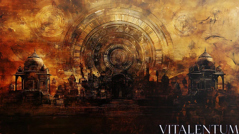 Golden clockwork skyline over ancient dreaming temples.