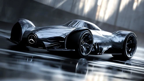 Streamlined black Mercedes concept race car on wet track.