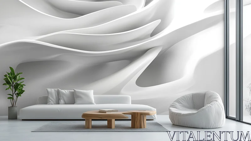 Minimalist living room with abstract white wall art.