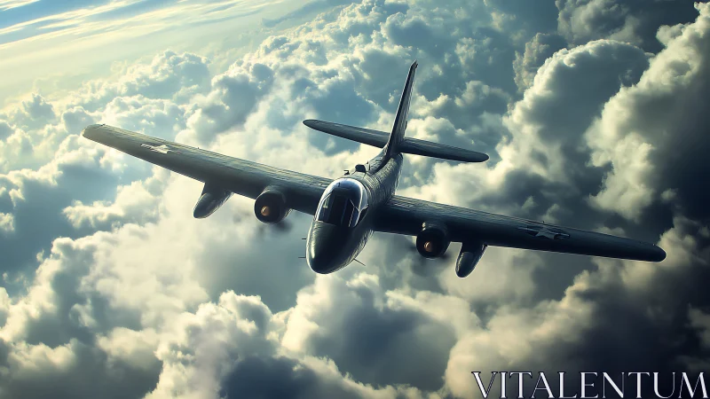 Stormrider bomber glides through cathedral clouds at dusk.