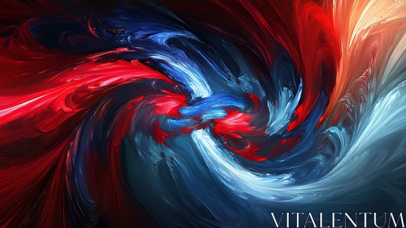 Dynamic vortex of red and blue impasto strokes in turbulent rotation