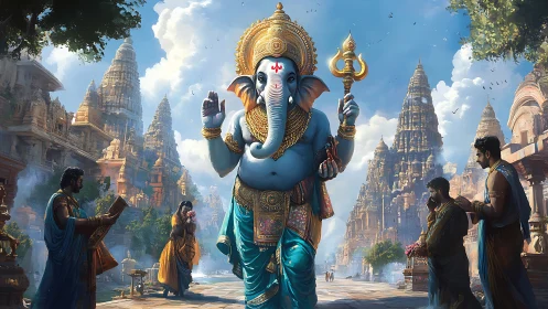 Ganesha deity walking through ornate temple cityscape.