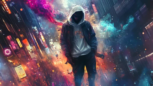 Hooded figure in neon cyberpunk city street at night.