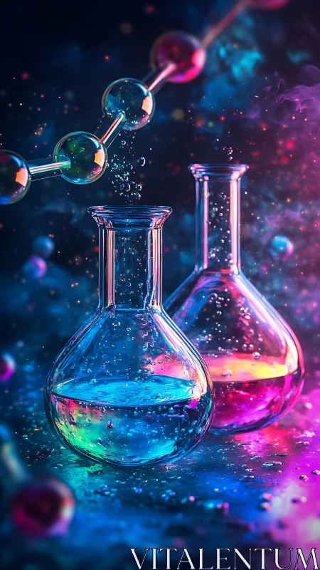 Chromatic laboratory flasks with molecular chain in neon vapor