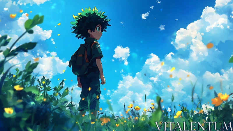 Anime boy standing in bright wildflower field under sky.