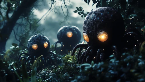 Glow-Eyed Forest Cephalopods On A Midnight Lantern Patrol.
