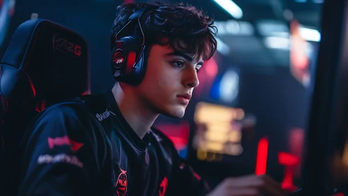 Focused esports gamer competes under neon arena lights