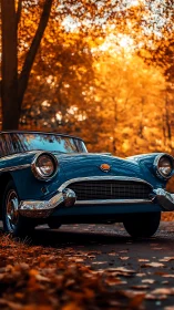 Blue vintage car parked on road in bright autumn forest.
