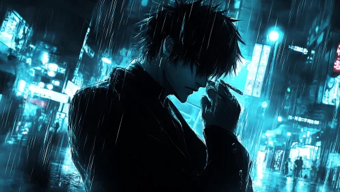 Noir silhouette in neon-soaked cyberpunk rainscape composition.