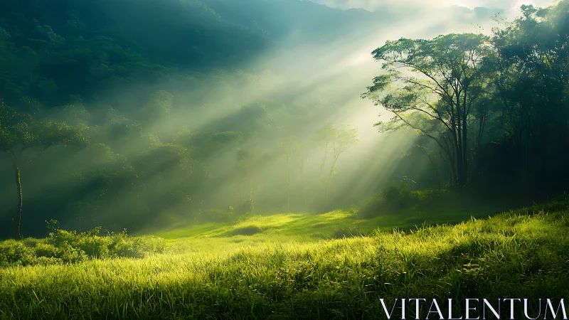 Low-angle sunbeams crossing misty forest meadow at sunrise