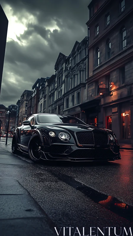 Low-angle luxury coupe dramatized by moody urban lighting