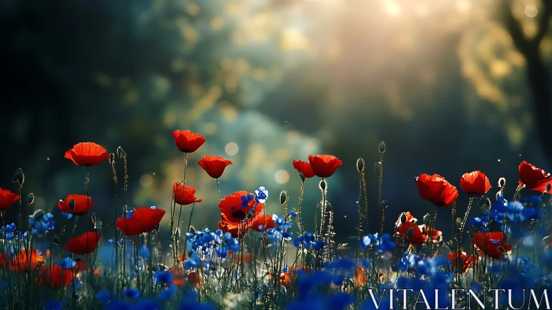 Red and Blue Wildflowers in Field Setting
