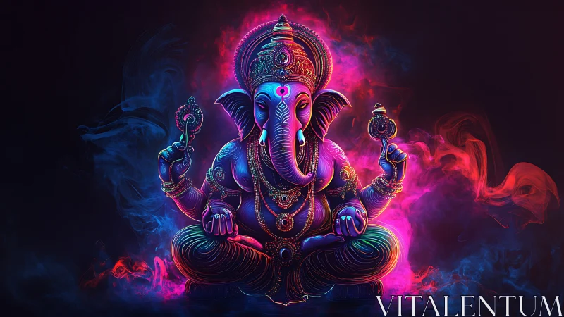 Neon-lit Ganesha render shows high-saturation gradients and volumetric smoke