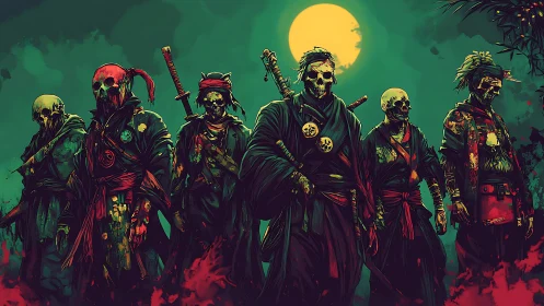 Moonlit skeletal samurai stand united in eerie green night
