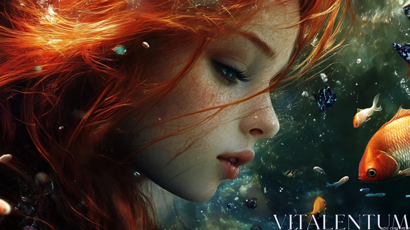 Profile of red haired underwater figure with surrounding fish.