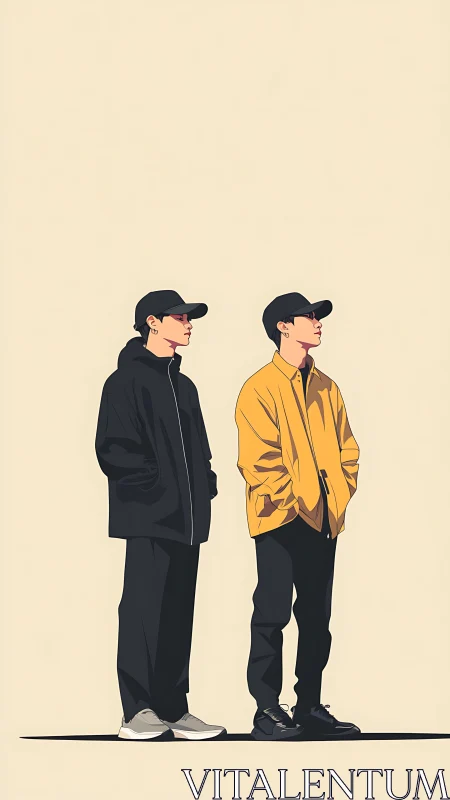 Minimalist vector streetwear duo in balanced side profile.