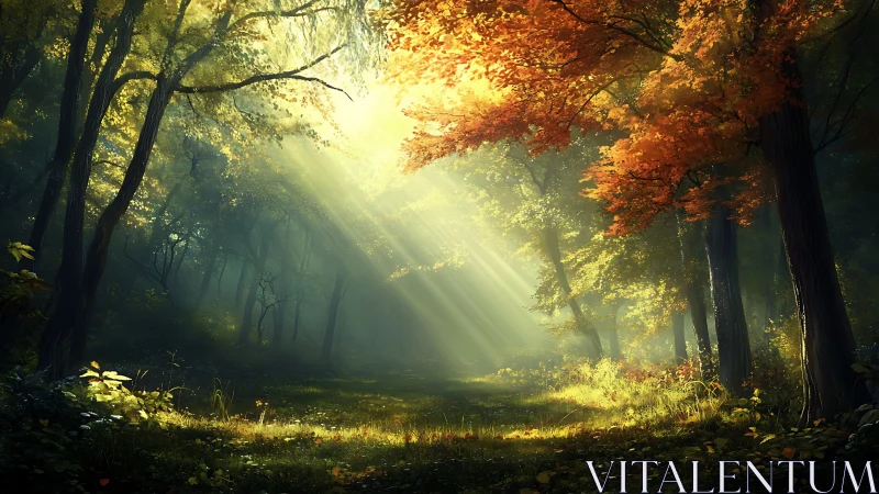 Ethereal Forest Canopy with Golden Crepuscular Rays Through Mist