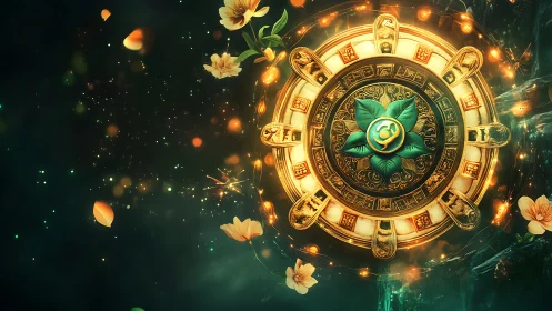 Golden floral sigil orbiting luminous emerald vortex.