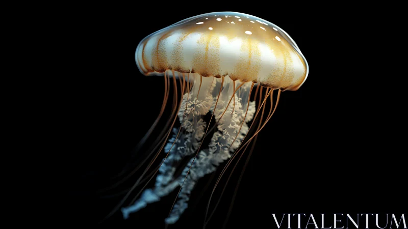 Golden jellyfish drifting in luminous deep-sea void.