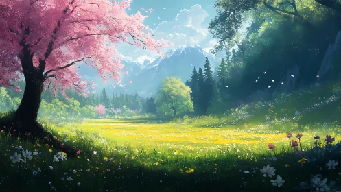 Blossoming valley meadow under gentle mountain sunlight.