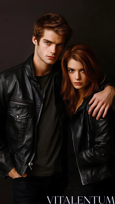 Studio portrait of young couple in black leather jackets
