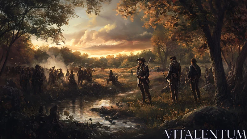 Civil War soldiers encamp beside a creek at autumn sunset.
