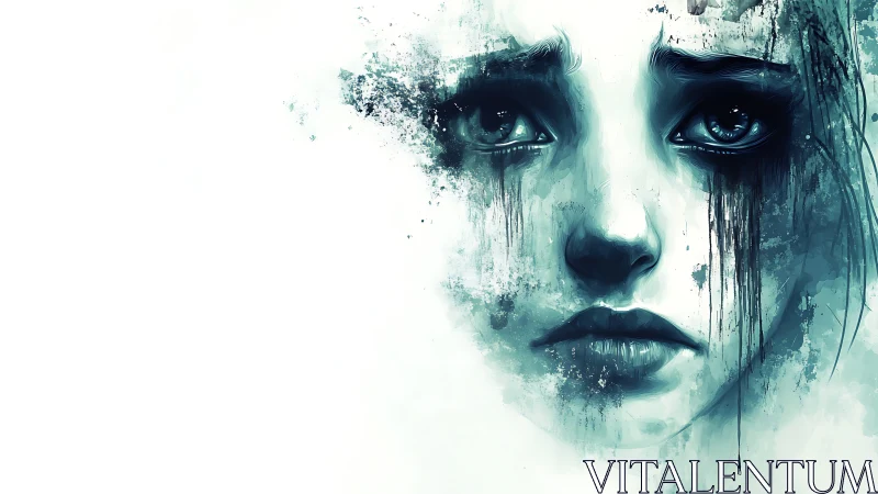 Melancholic portrait dissolves into abstract watercolor space.