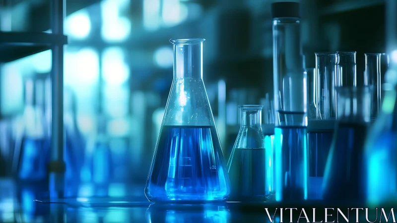 Blue chemical solutions in glass lab flasks at bench level.