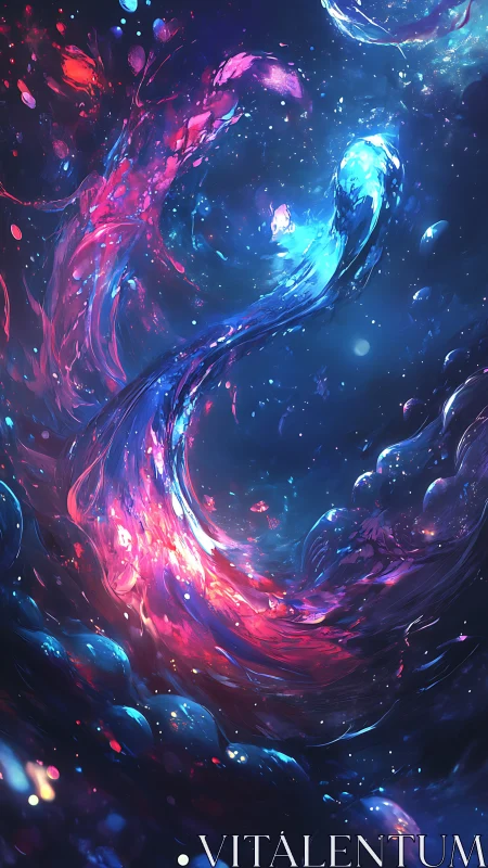 Cosmic duality stream swirling through neon stardust veil.