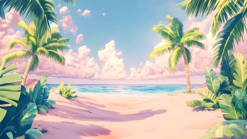 Tropical Paradise Beach: Pastel Digital Seascape with Palm Framing.