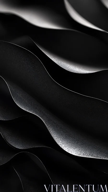 Metallic black waves curve through softly lit darkness.