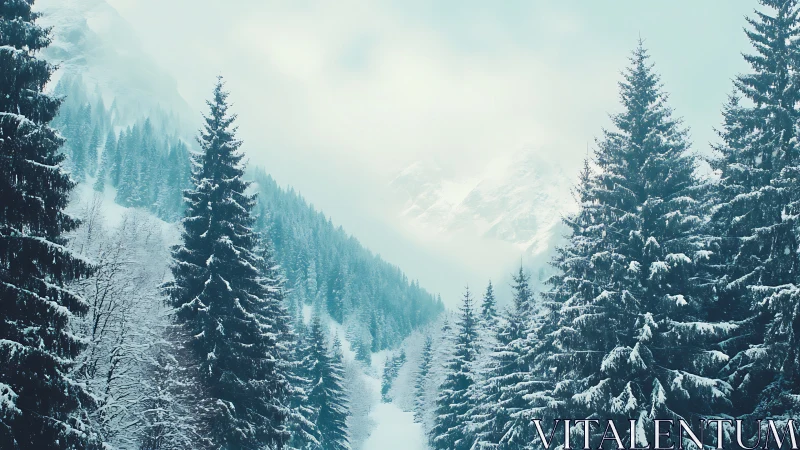 Snow-laden conifer forest corridor beneath misted alpine peaks