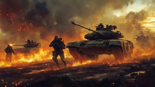 Armored thunder rolls through a wildfire-soaked battlefield.