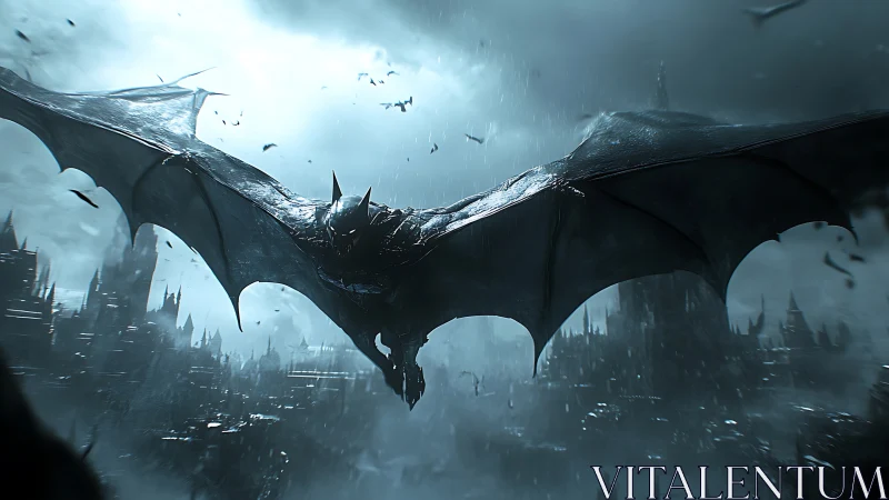 Hybrid bat-shaped figure traverses stormy gothic skyline