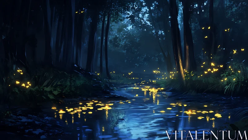 Bioluminescent Forest Stream at Twilight.