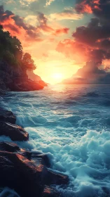 Dramatic digital seascape renders sunset over turbulent surf