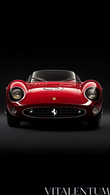 Front view of red classic sports car on dark background.