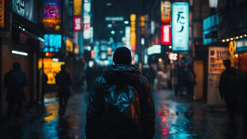 Lone traveler walks neon city street under cold rain.