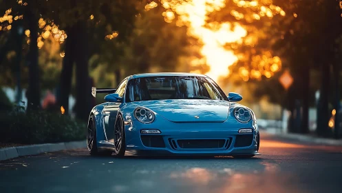 Blue sports coupe glows under golden urban sunset light.