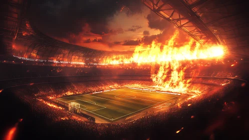 Stadium Inferno Roars Above a Soccer Pitch at Sundown.