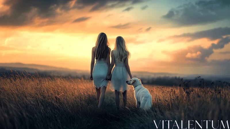 Two girls and a dog in a golden field at sunset, dreamy style.