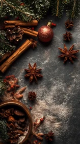 Cinnamon sticks, star anise and bauble on dark festive backdrop.