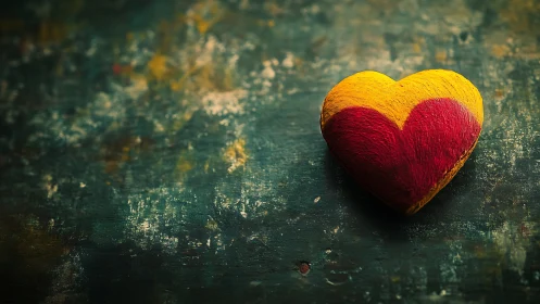 Red and Yellow Heart on Distressed Teal Surface.