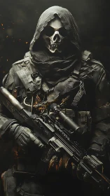 Hooded skull-masked soldier holding tactical rifle.