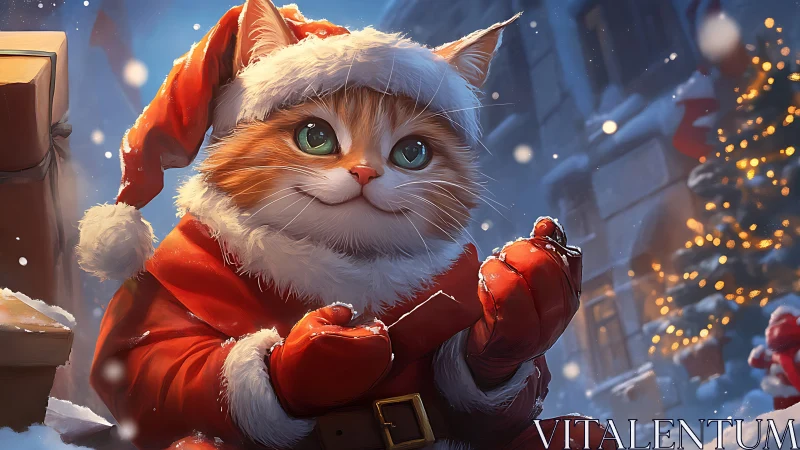 Cozy Christmas cat in Santa suit warms a snowy festive night