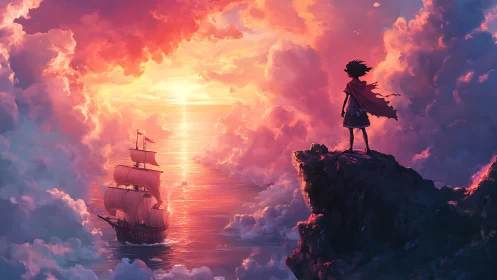 Backlit caped figure observes tall ship in volumetric sunset clouds