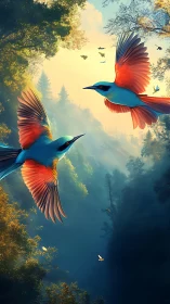 Vibrant tropical birds soar through a misty golden forest sky