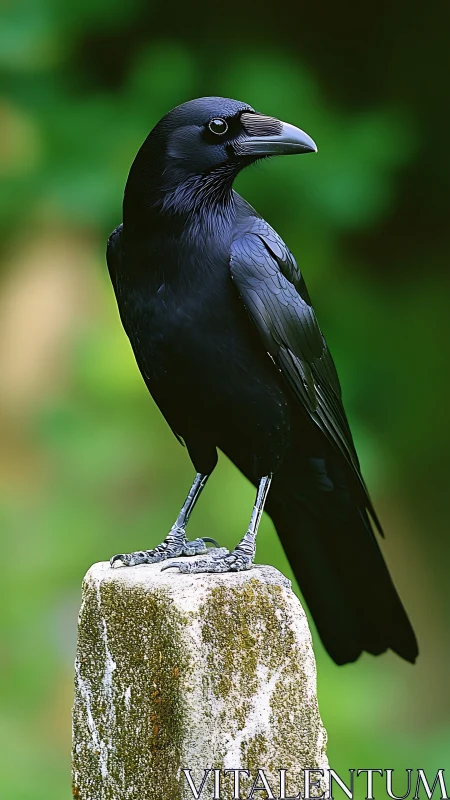 Obsidian Corvid Perched on Lichen-Covered Stone Post.