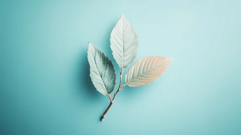 Minimalist pastel leaf branch rests on soft teal background